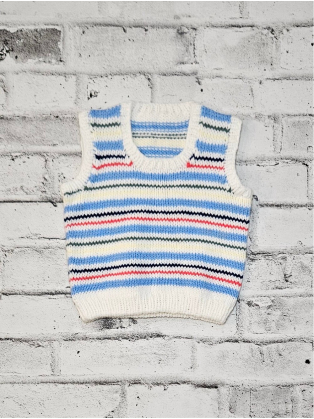 Handmade Kids Striped Knit Sweater Vest Blue White Retro Preppy